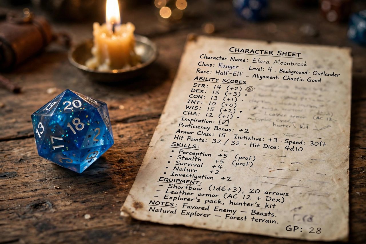 Close-up of D20 dice and a Dungeons and Dragons character sheet