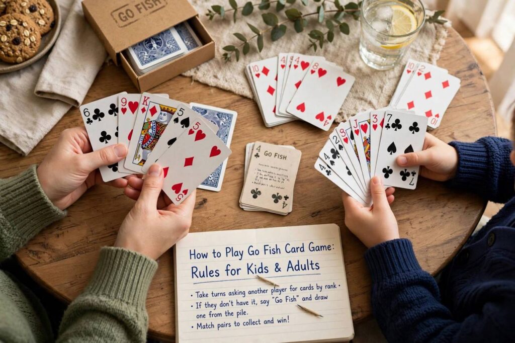 Fanned playing cards in hands during a family card game