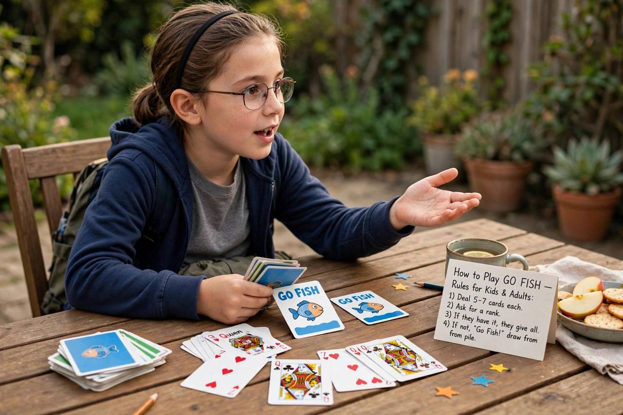 Child asking for cards while playing go fish at a table
