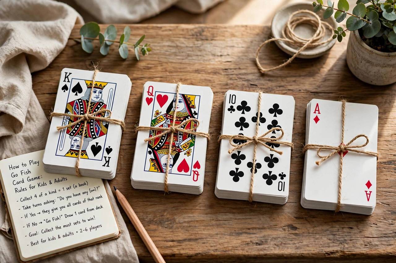Completed sets of four playing cards laid out as books on a table