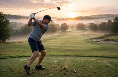 A golfer mid-swing on the tee box at sunrise
