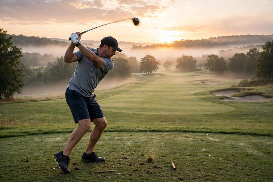 A golfer mid-swing on the tee box at sunrise