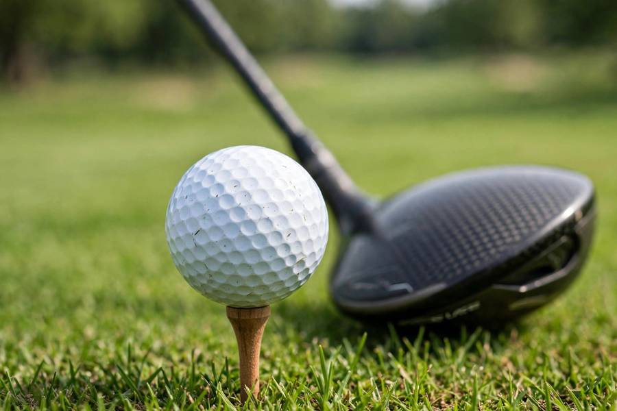 A golf ball on a tee ready for a drive