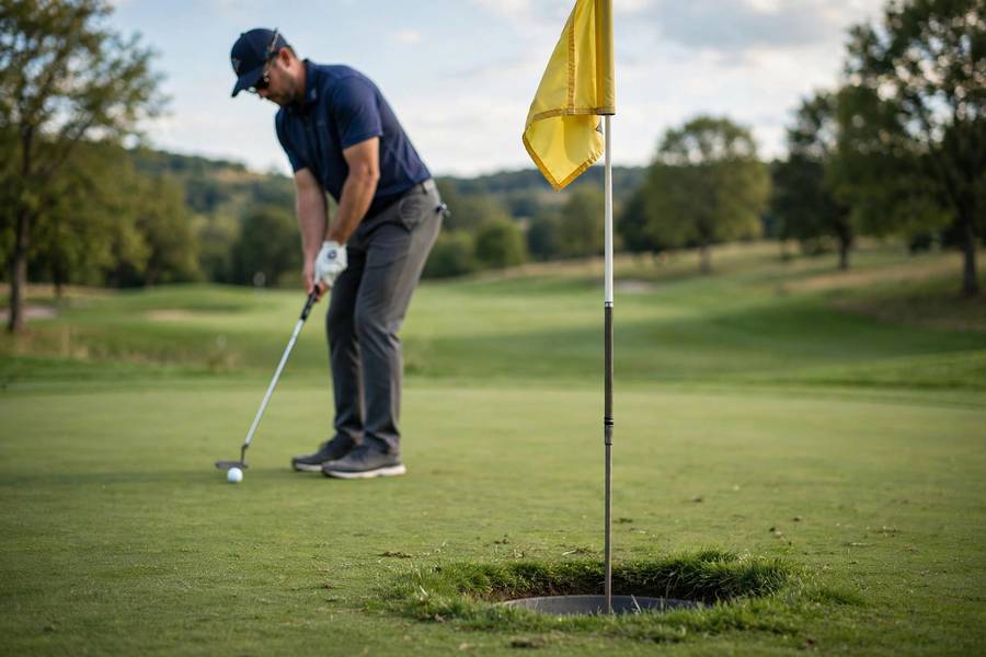 A golfer putting on the green toward the hole