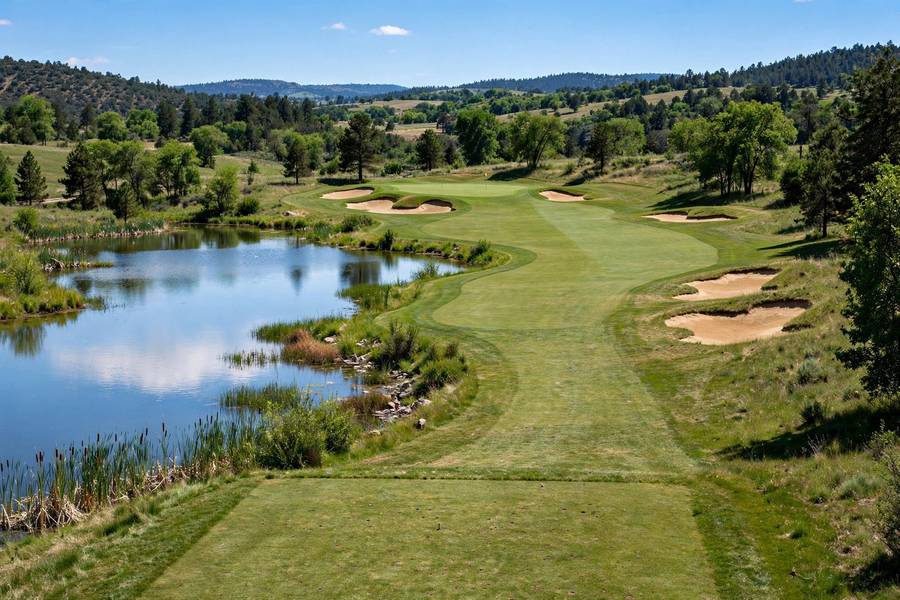 An aerial view of a golf course hole with fairway and green