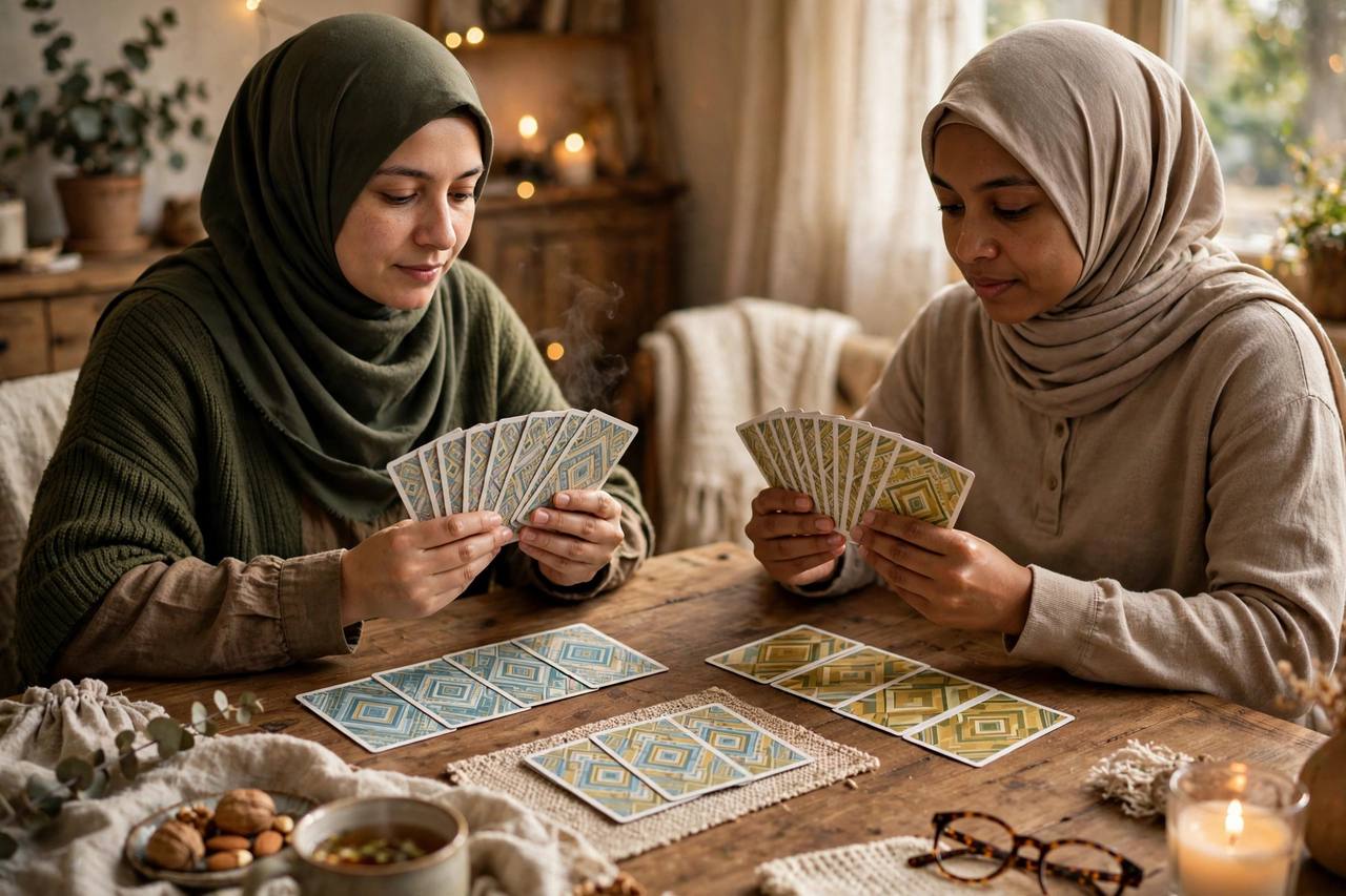 Two players holding fanned card hands across a wooden table with melds of runs and sets laid face-up