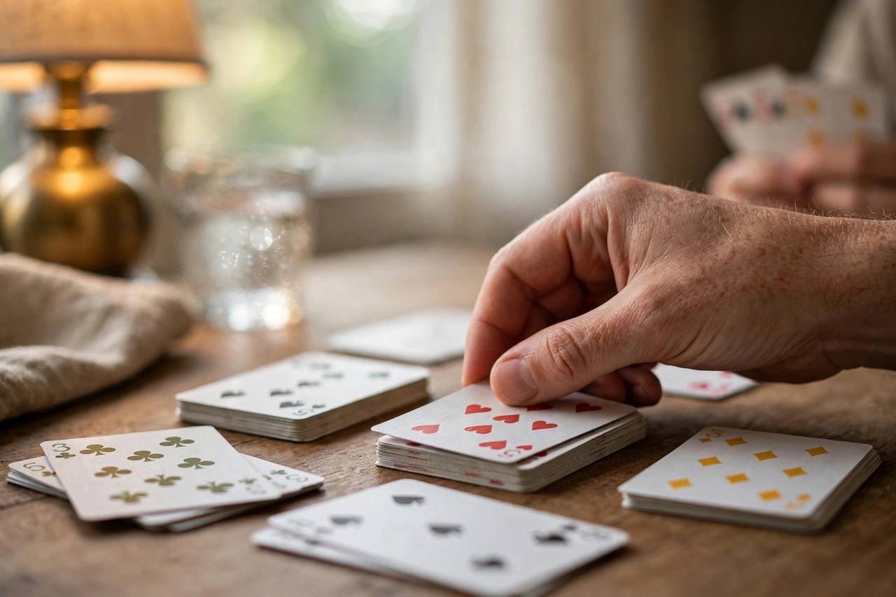 Close-up of a player's hand sorting cards by suit and rank during a two-player rummy game