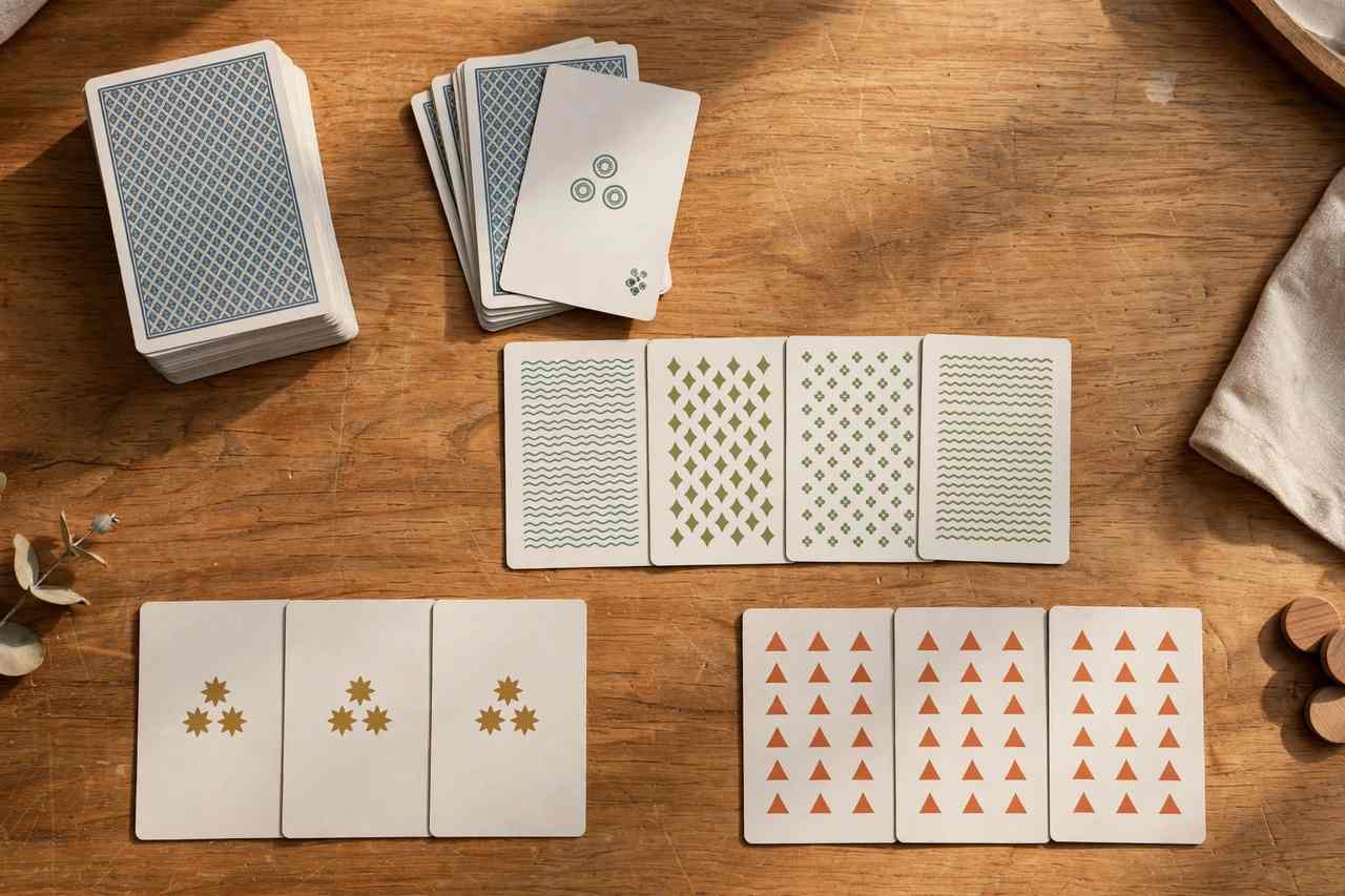 Overhead view of a rummy table showing the stock pile, discard pile, and completed melds