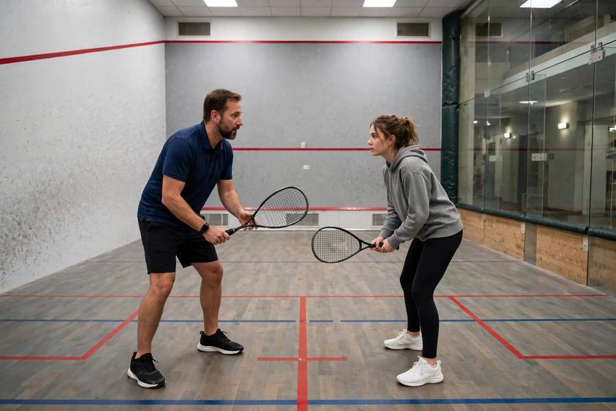 Photorealistic photo of a coach showing a beginner the ready position at the T on a squash court
