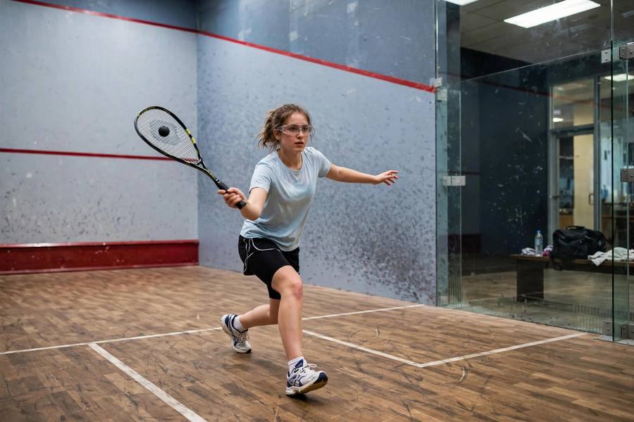 Photorealistic action shot of a beginner hitting a forehand drive on a squash court, good form