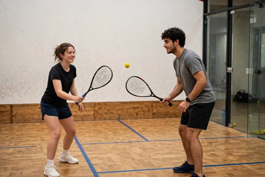 Photorealistic image of two beginners rallying cooperatively during a knock-up on a squash court