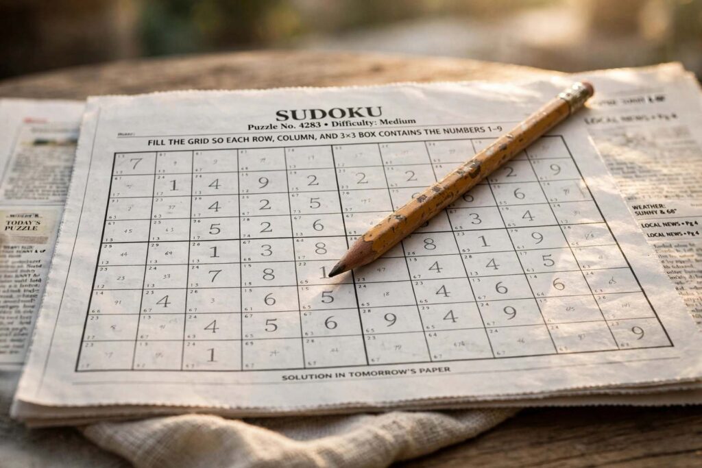 Partially completed Sudoku grid with pencil marks, close-up on a newspaper puzzle