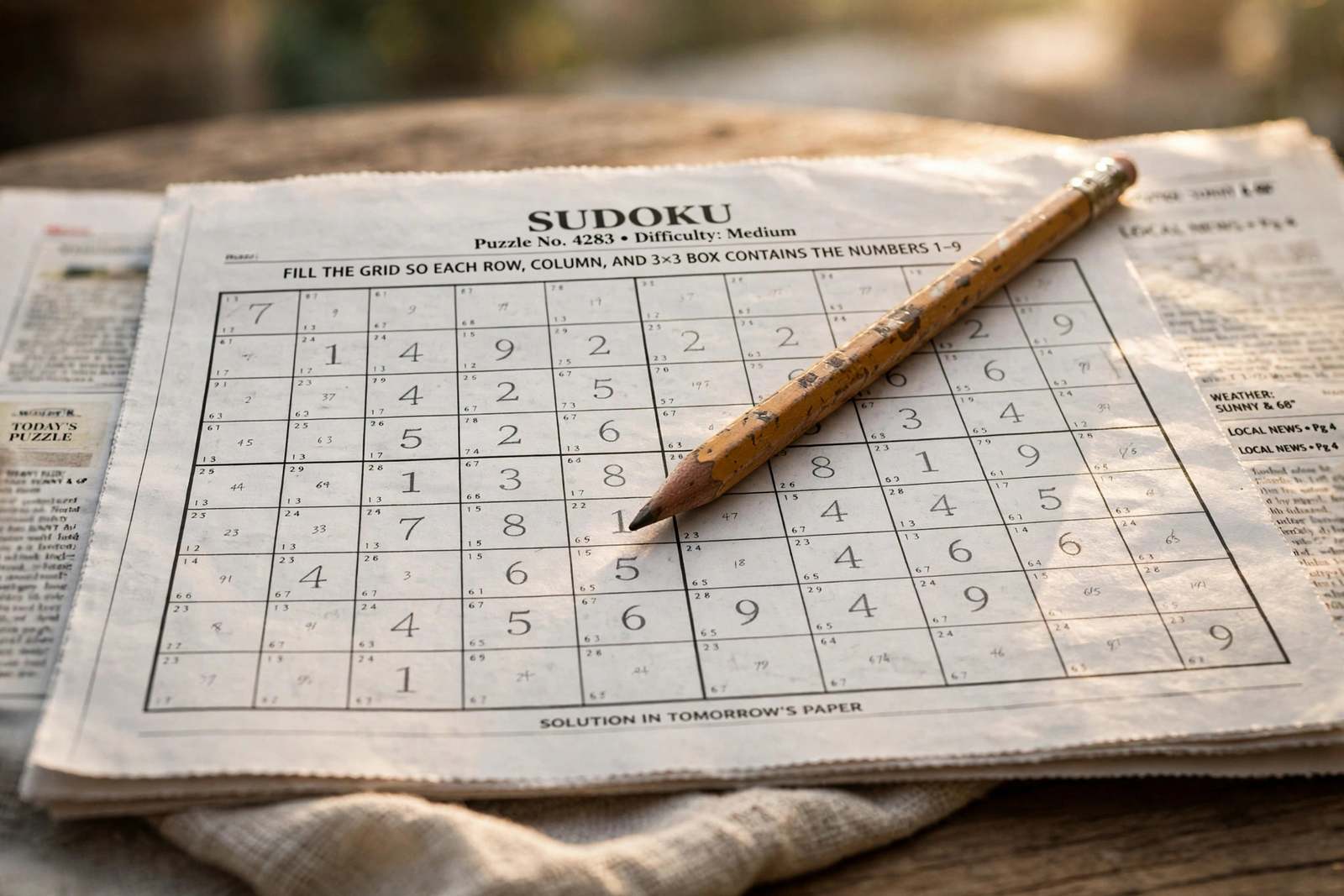 Partially completed Sudoku grid with pencil marks, close-up on a newspaper puzzle
