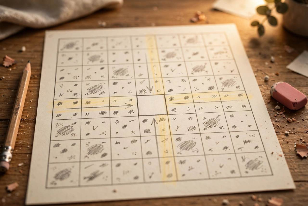 Annotated Sudoku grid showing the scanning technique — rows and columns highlighted from existing 5s converging