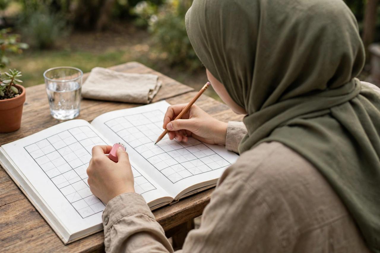 Person solving Sudoku with pencil and eraser, focused on the puzzle