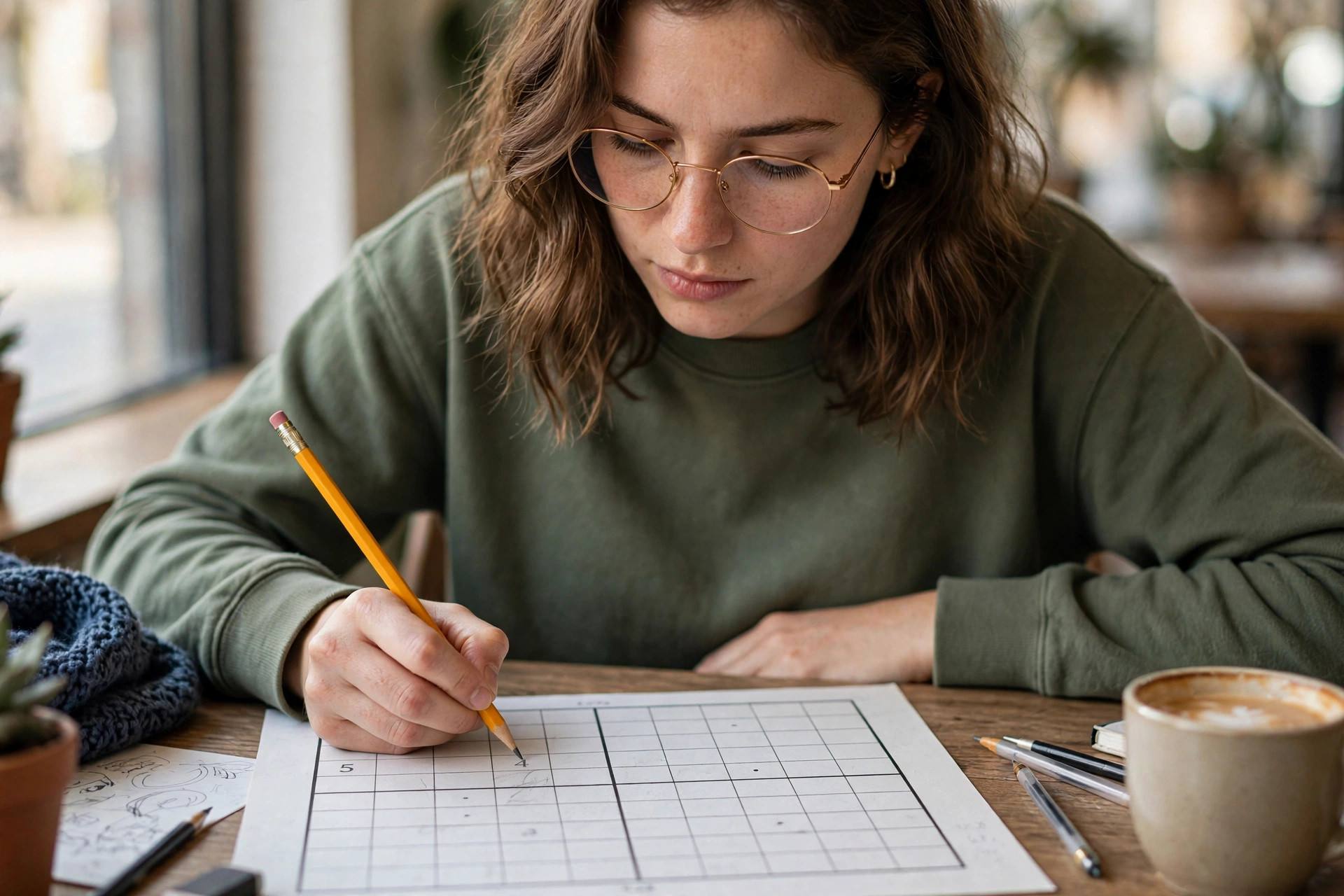 Person solving a sudoku puzzle with a pencil