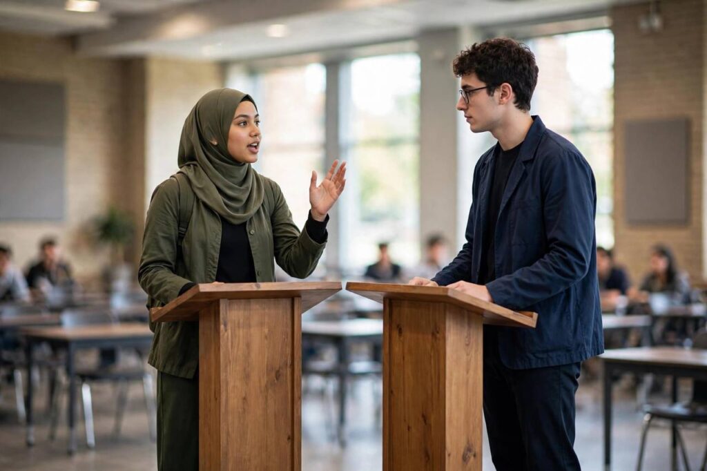 Two students in modest full-coverage clothing debating at podiums in a school auditorium