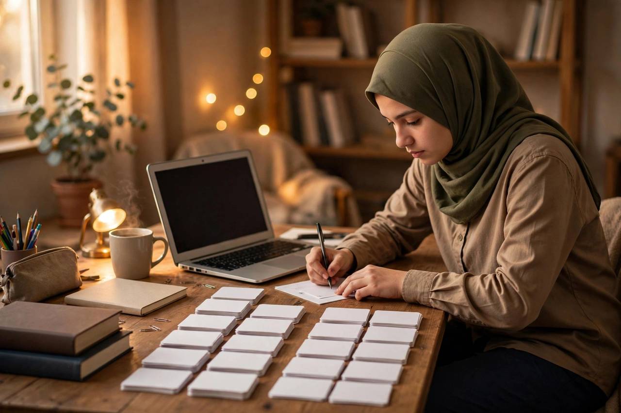 Student in modest clothing preparing debate notes with argument cards spread on a desk