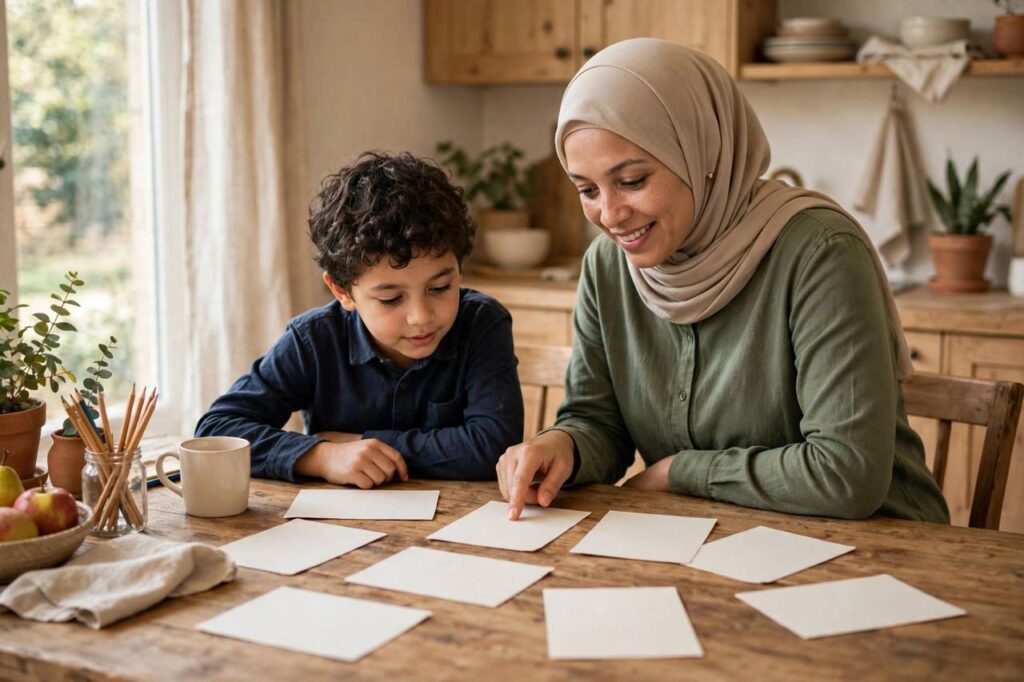 Parent and child in modest full-coverage clothing studying spelling with index cards at a kitchen table