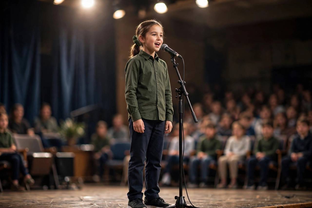 Child in modest clothing spelling confidently into a microphone on a school stage