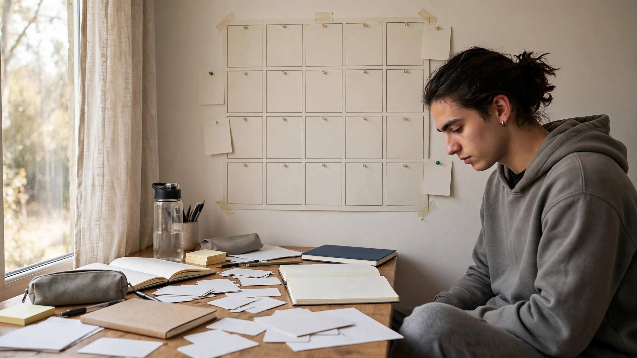 Student in modest casual clothing studying at a desk with a 7-day exam plan, flashcards, and notebooks