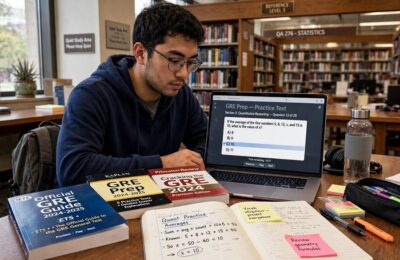 Graduate student preparing for the GRE with prep books in a library
