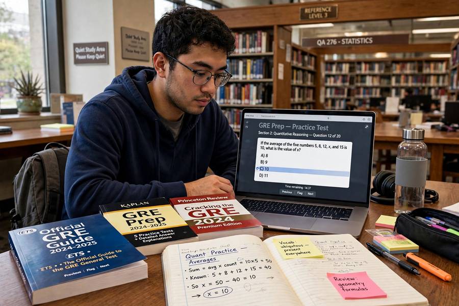 Graduate student preparing for the GRE with prep books in a library