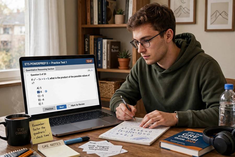 Student taking a computerized GRE practice test at home