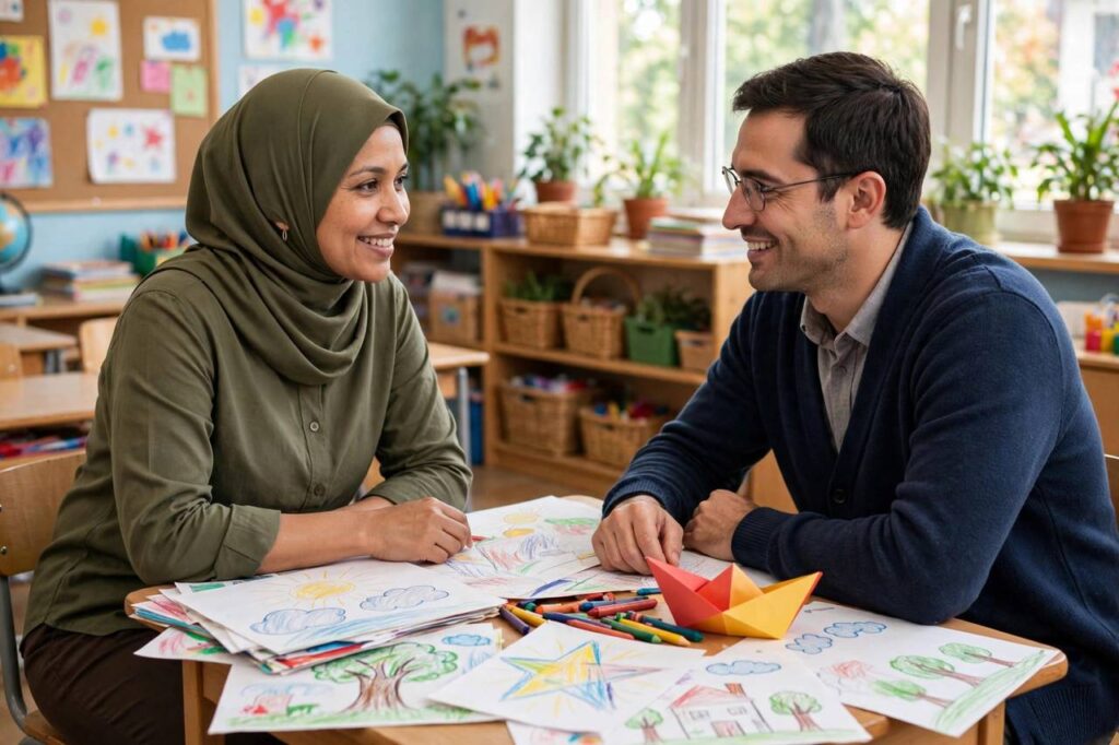 Parent in modest full-coverage clothing meeting with a teacher across a classroom desk