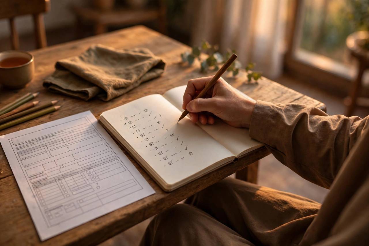 Parent writing conference questions in a notebook at home before the meeting
