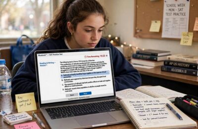 High school student taking a digital SAT practice test on a laptop