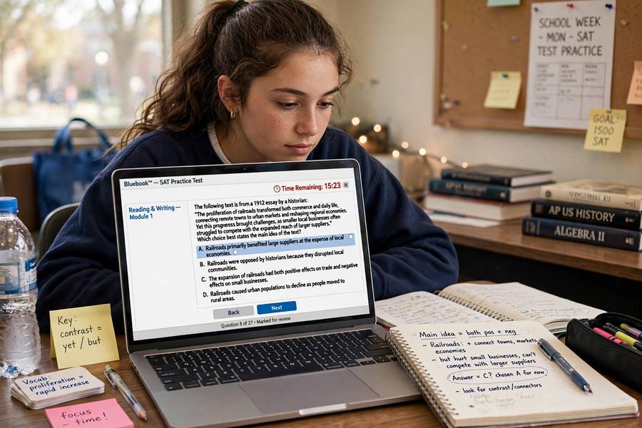 High school student taking a digital SAT practice test on a laptop