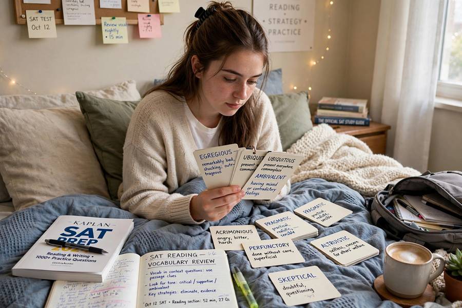 Student reviewing vocabulary flashcards for SAT reading preparation