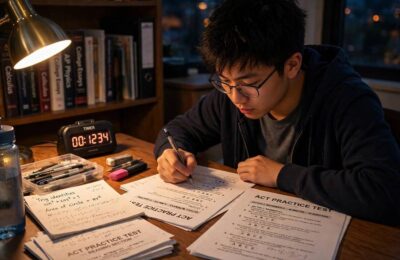 A student preparing for the ACT with practice tests and a timer