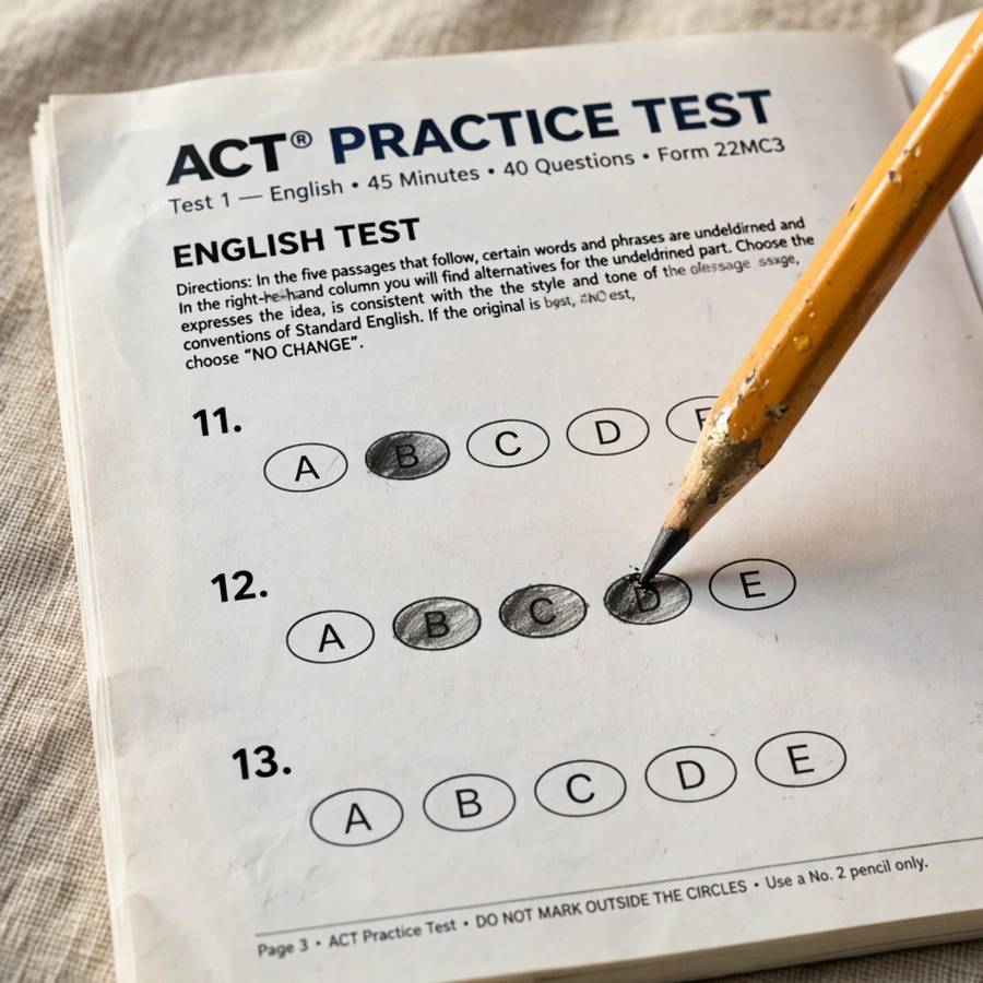 An ACT practice test booklet with answer bubbles being filled in