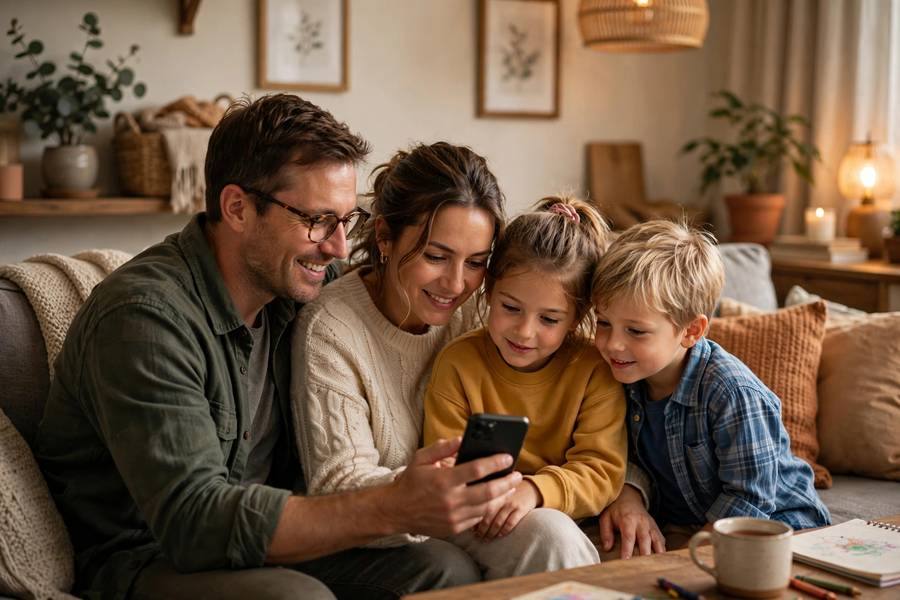 Family viewing cherished photos together on a phone