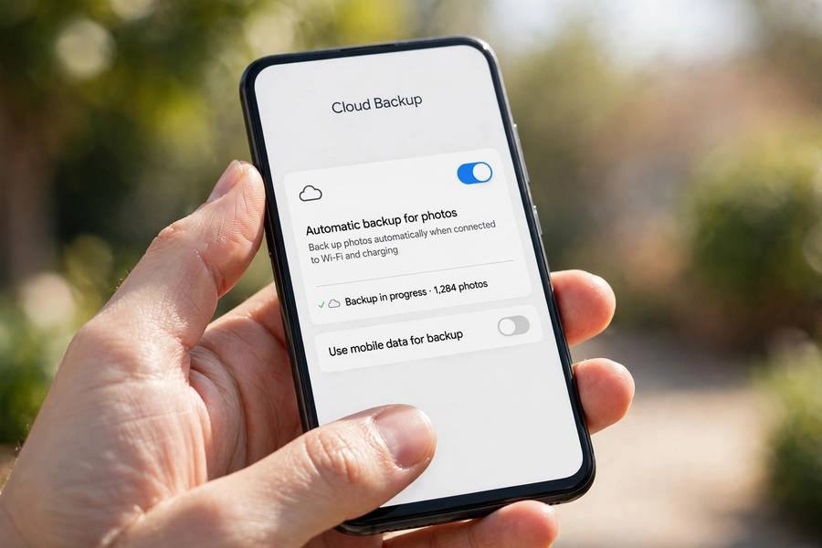 Enabling automatic cloud backup for photos on a smartphone