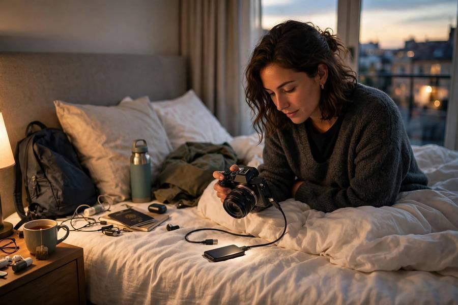 Traveler backing up vacation photos to a portable drive in a hotel room