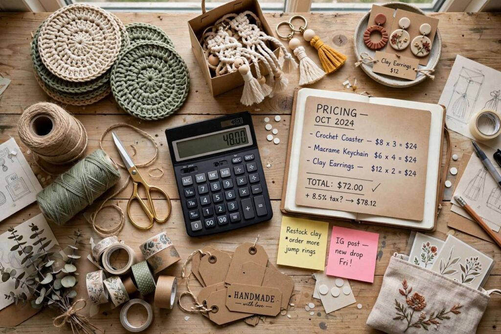 Overhead view of a home craft studio workspace with handmade products, calculator and pricing notebook