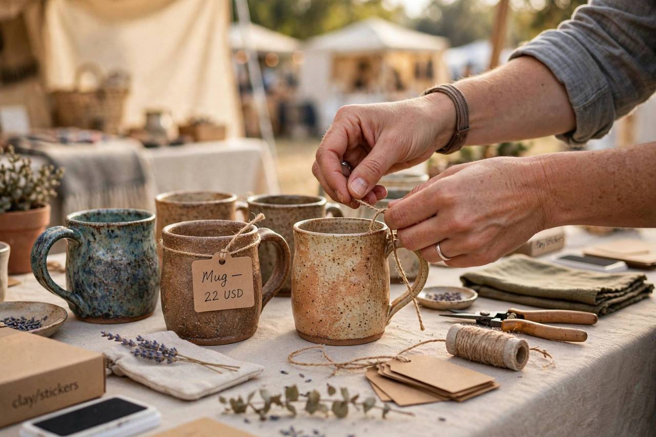 Maker's hands pricing handmade ceramic mugs at a craft fair table with price tags