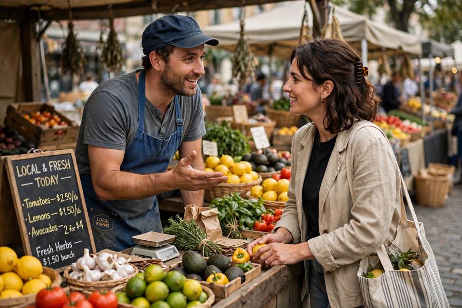 Discussing value with a customer at a market, part of how to price products for small business