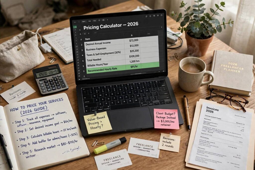 Freelancer calculating rates on a laptop at a home desk