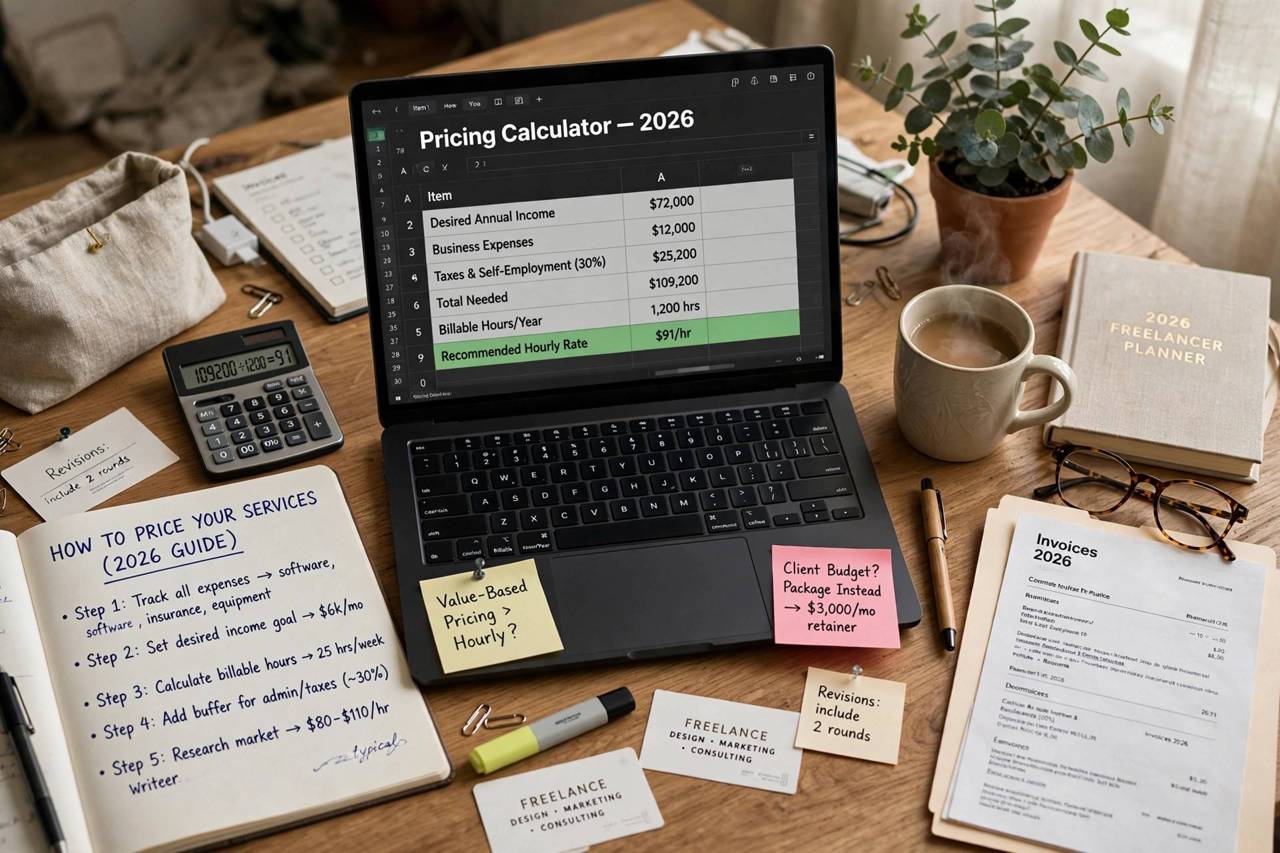 Freelancer calculating rates on a laptop at a home desk