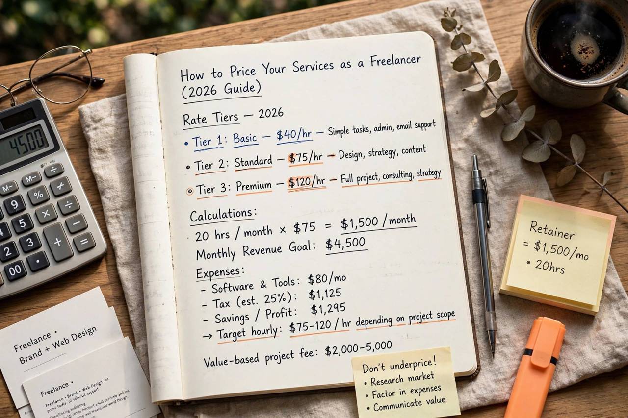 Notebook with pricing calculations and rate tiers written by hand