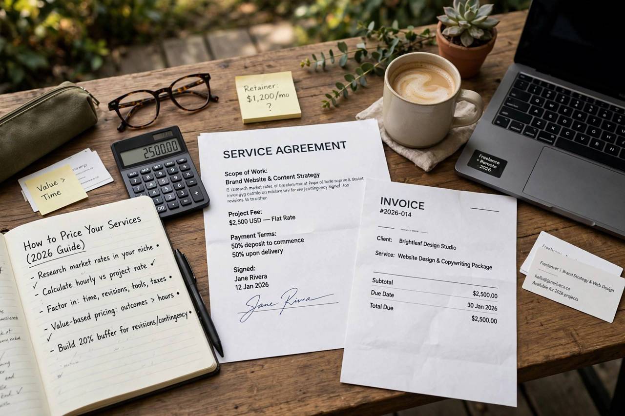 Freelancer reviewing a signed contract and invoice on a desk