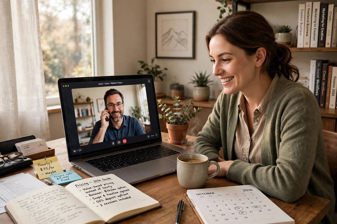 Smiling freelancer on a video call with a client in a home office