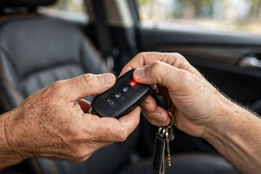 Hands pressing key fob buttons during the how to program a key fob procedure