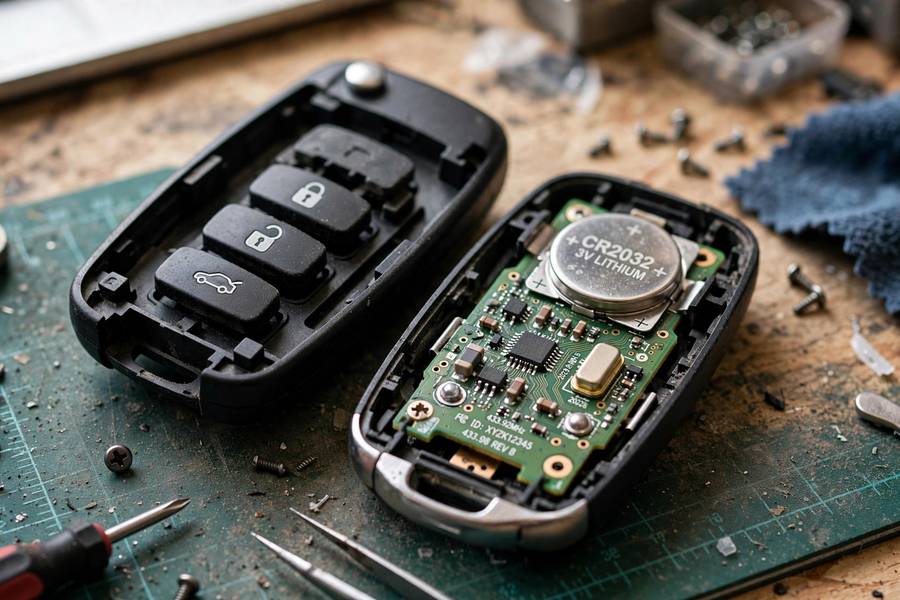 Key fob circuit board and battery exposed, inspect this before learning how to program a key fob
