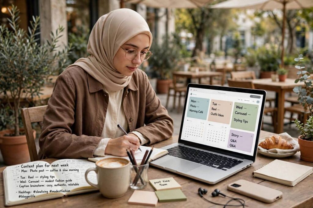 A blogger planning social media posts on a laptop with a notebook and coffee nearby