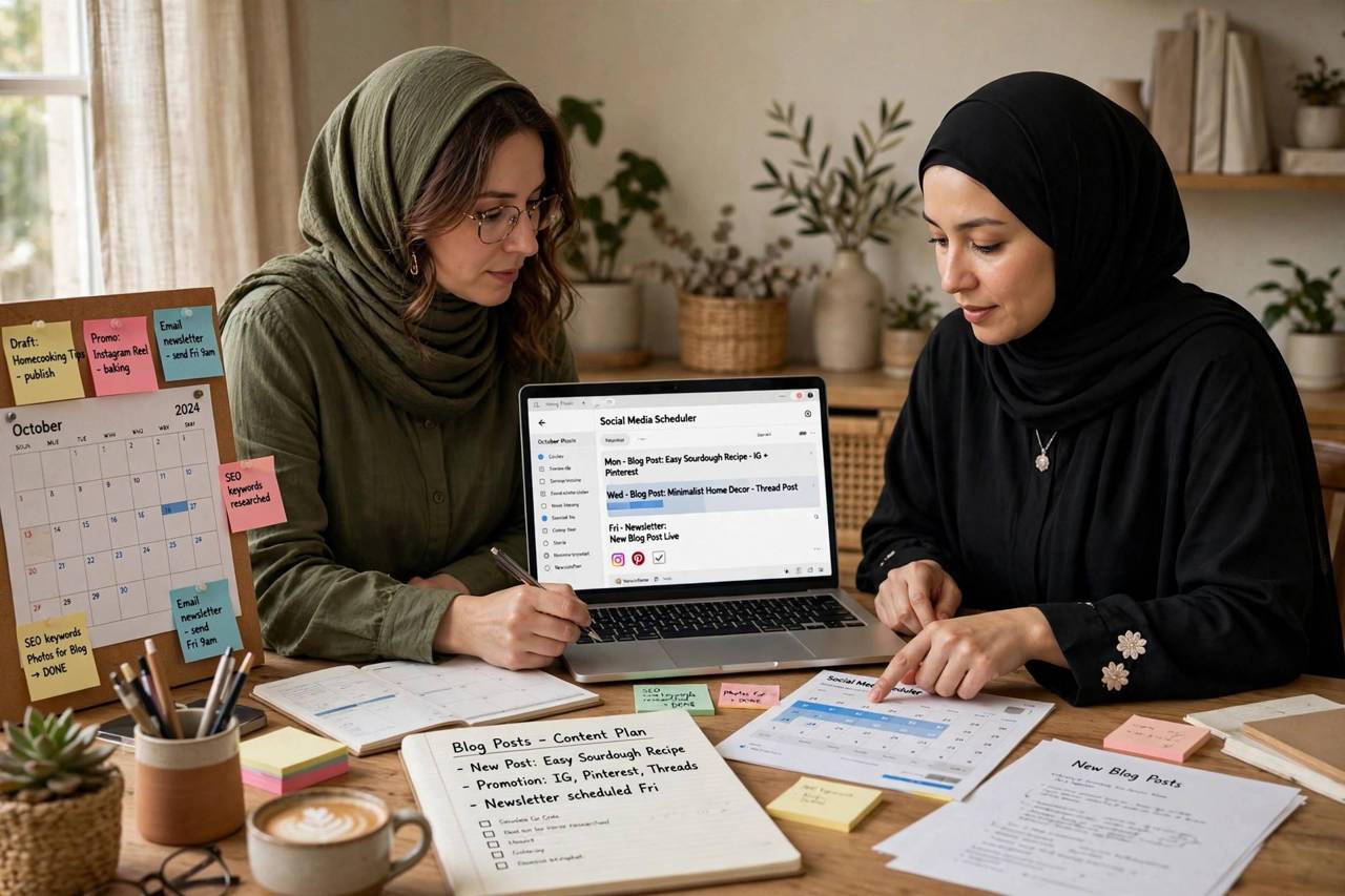 Blogger scheduling social media promotion for new posts at a cozy desk